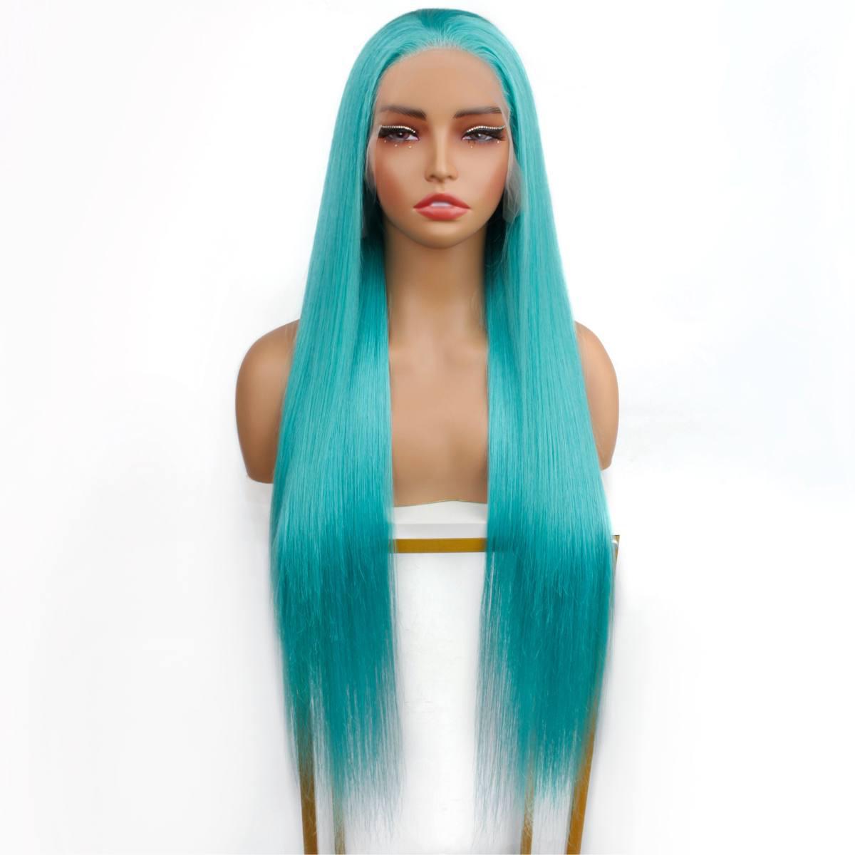 front of Aqua Blue Straight 13x4 Transparent Lace Front Wig