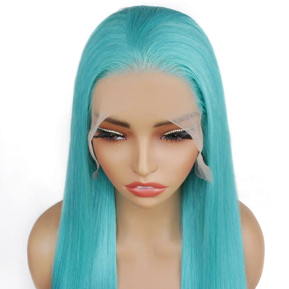 hairline close up of Aqua Blue Straight 13x4 Transparent Lace Front Wig