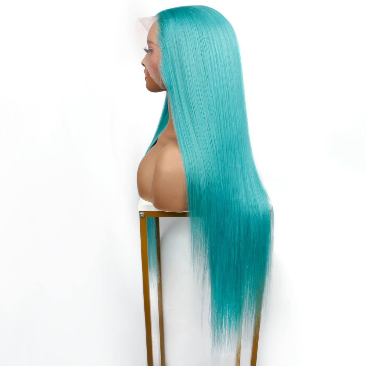 front side of Aqua Blue Straight 13x4 Transparent Lace Front Wig