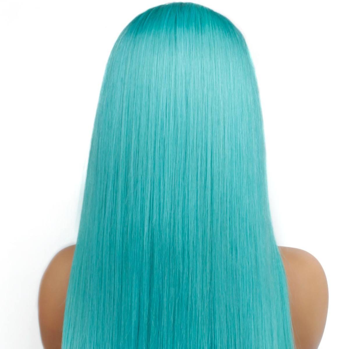 back of Aqua Blue Straight 13x4 Transparent Lace Front Wig