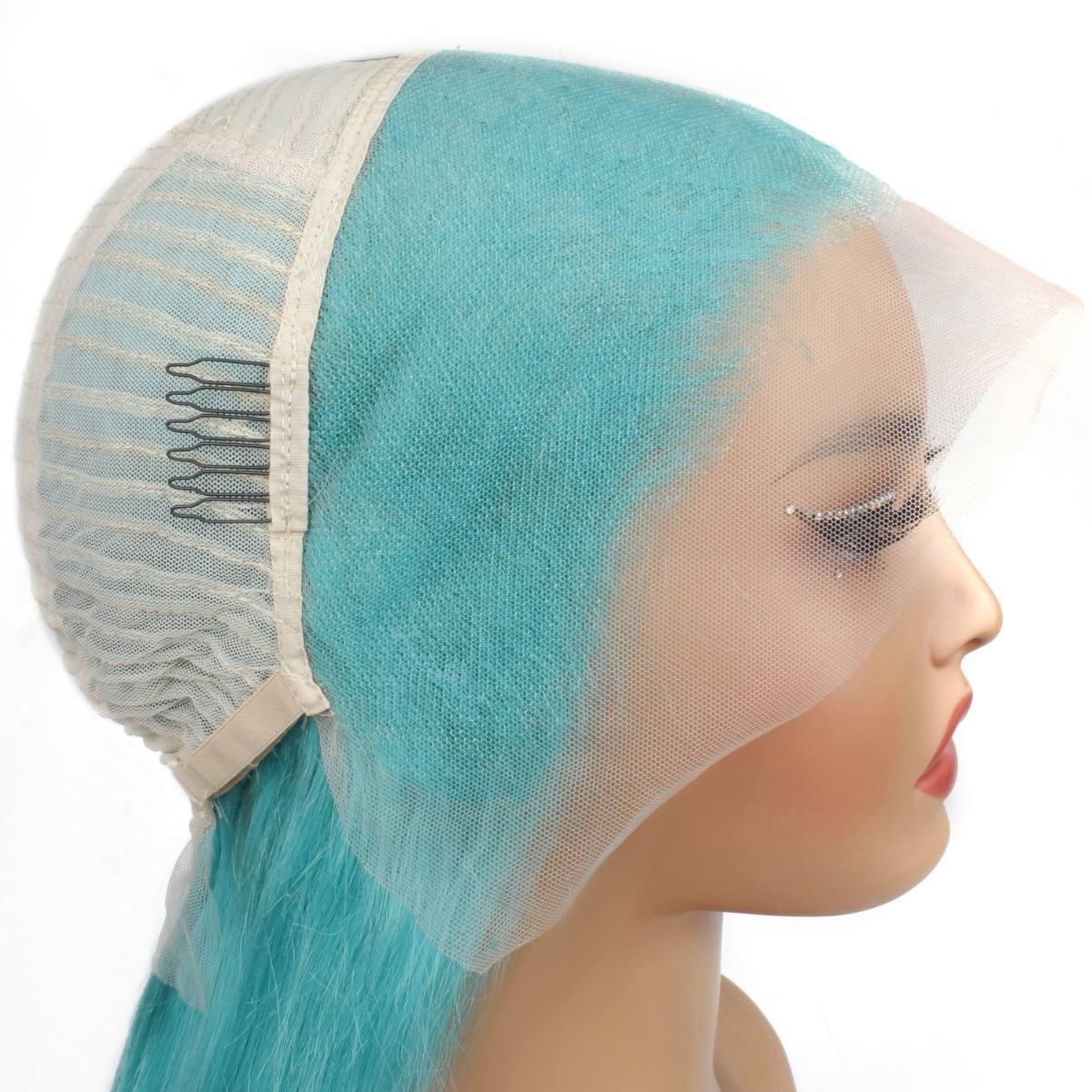 side of cap for Aqua Blue Straight 13x4 Transparent Lace Front Wig