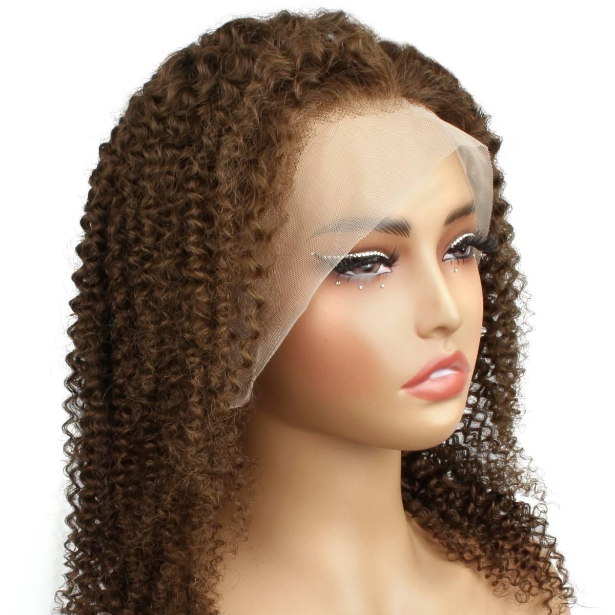 front side view of Brown Kinky Curly 13x4 Transparent Lace Front Wig