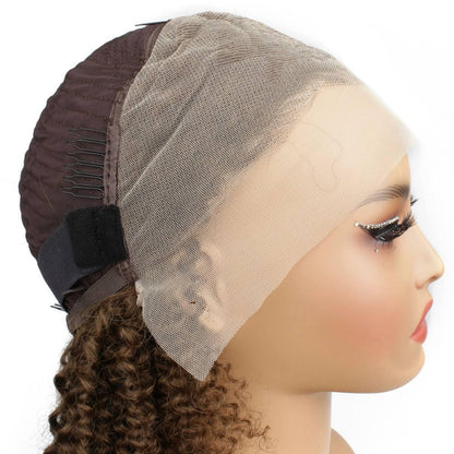 side of cap for Brown Kinky Curly 13x4 Transparent Lace Front Wig