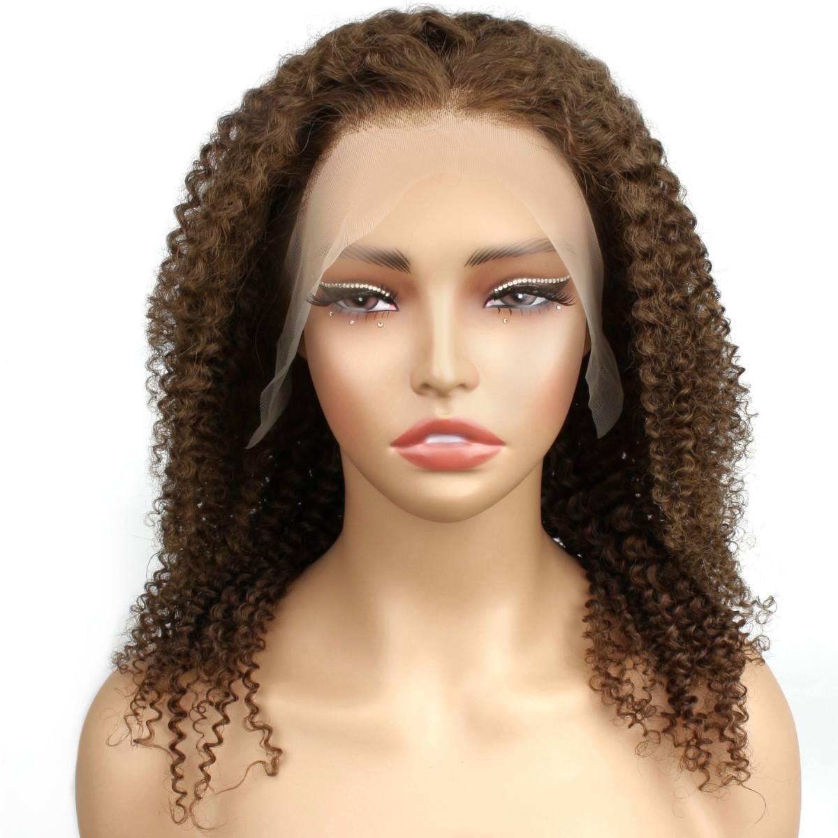 front of Brown Kinky Curly 13x4 Transparent Lace Front Wig