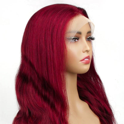 front side view of Burgundy Body Wave 13x4 Transparent Lace Front Wig