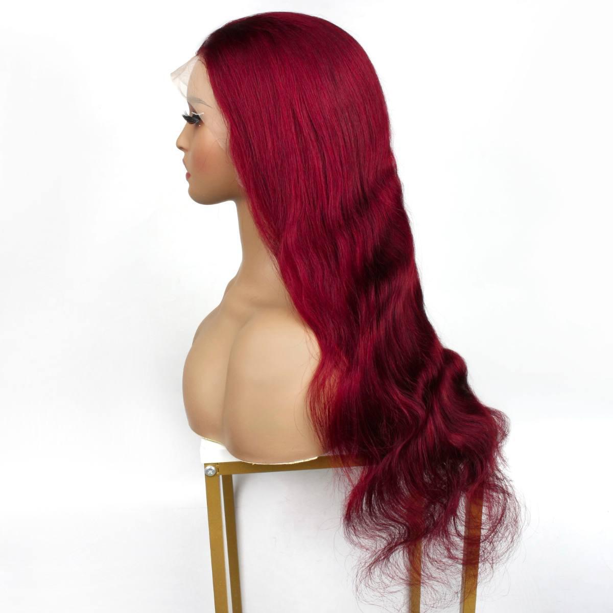 back side of Burgundy Body Wave 13x4 Transparent Lace Front Wig