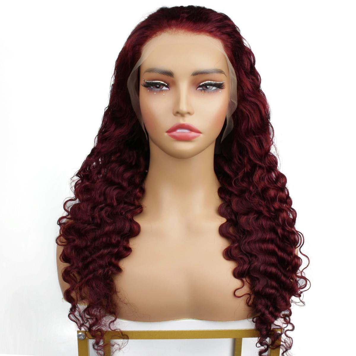 front of Burgundy Deep Wave 13x4 Transparent Lace Front Wig