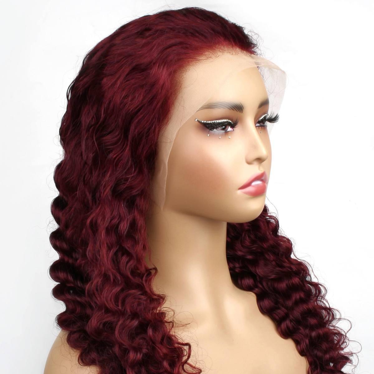 side of Burgundy Deep Wave 13x4 Transparent Lace Front Wig