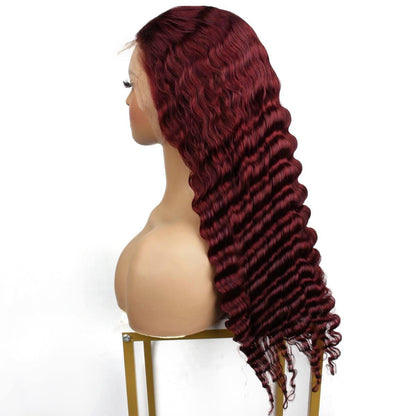 back side of Burgundy Deep Wave 13x4 Transparent Lace Front Wig