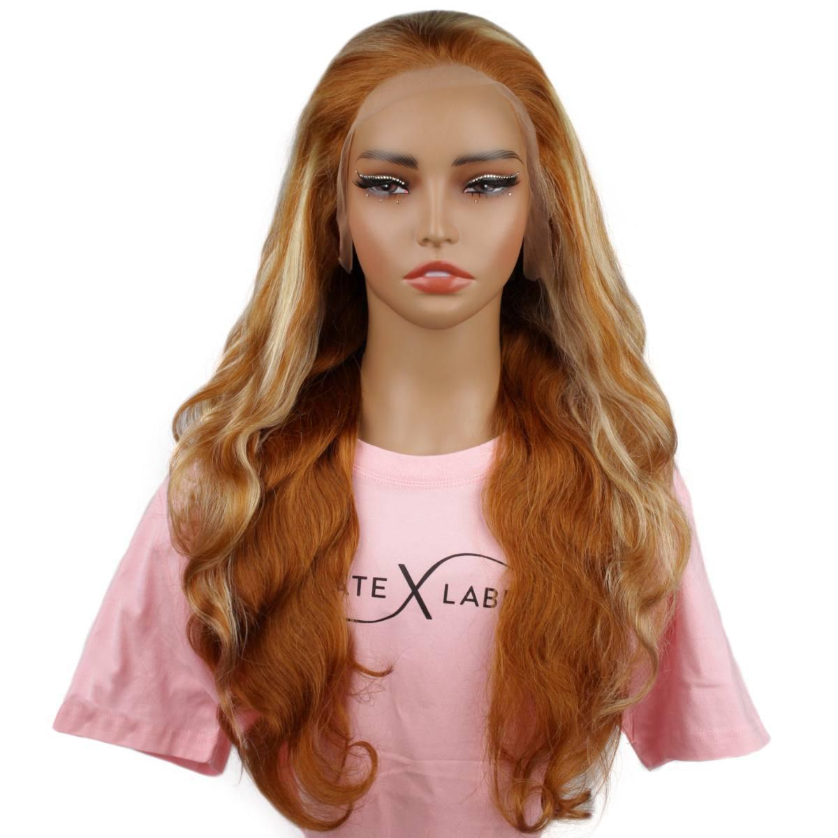 front view of Copper Blonde Highlight Straight 13x4 Transparent Lace Front Wig