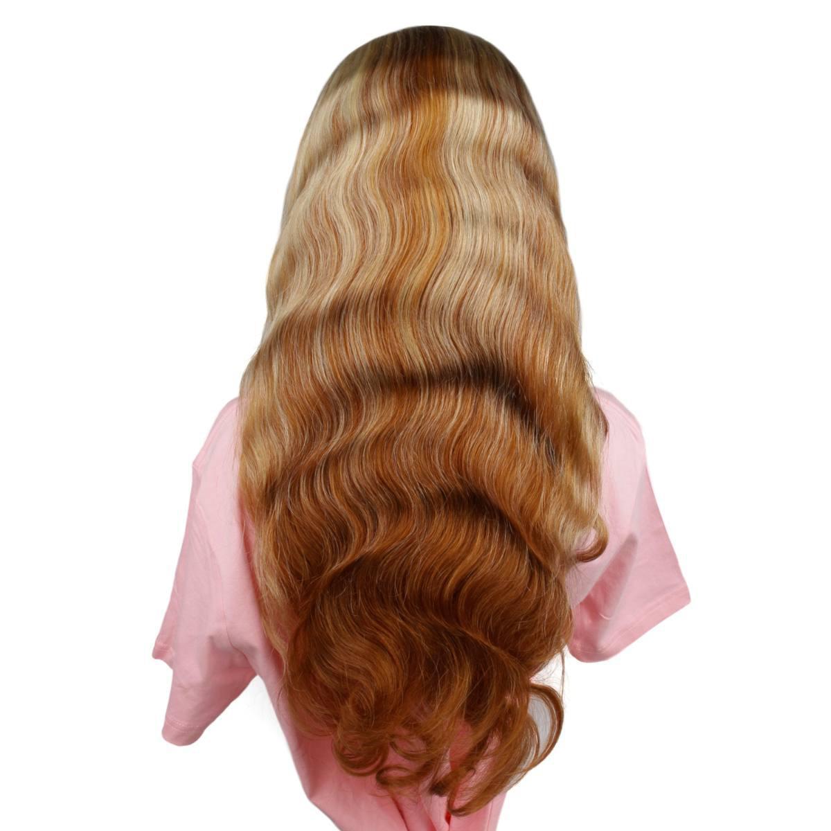 back of Copper Blonde Highlight Straight 13x4 Transparent Lace Front Wig