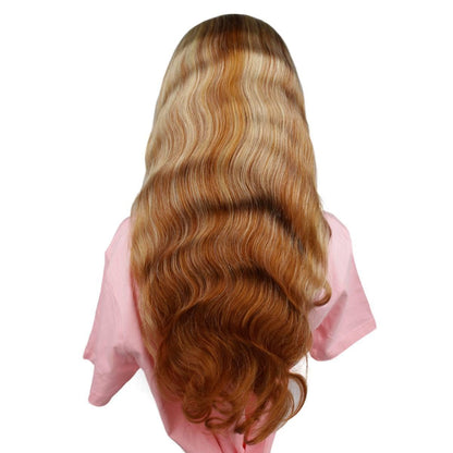 back of Copper Blonde Highlight Straight 13x4 Transparent Lace Front Wig