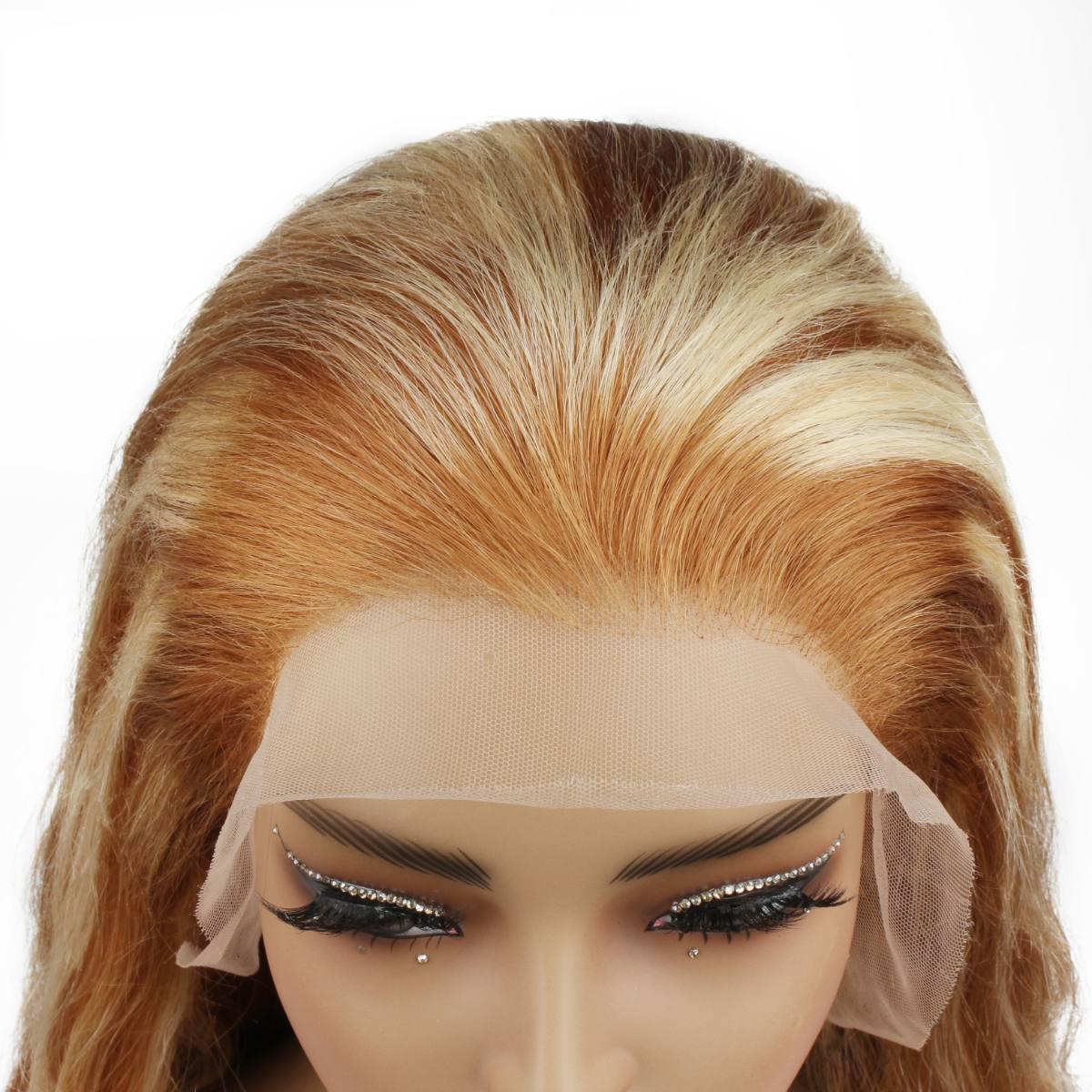 close up of Copper Blonde Highlight Straight 13x4 Transparent Lace Front Wig