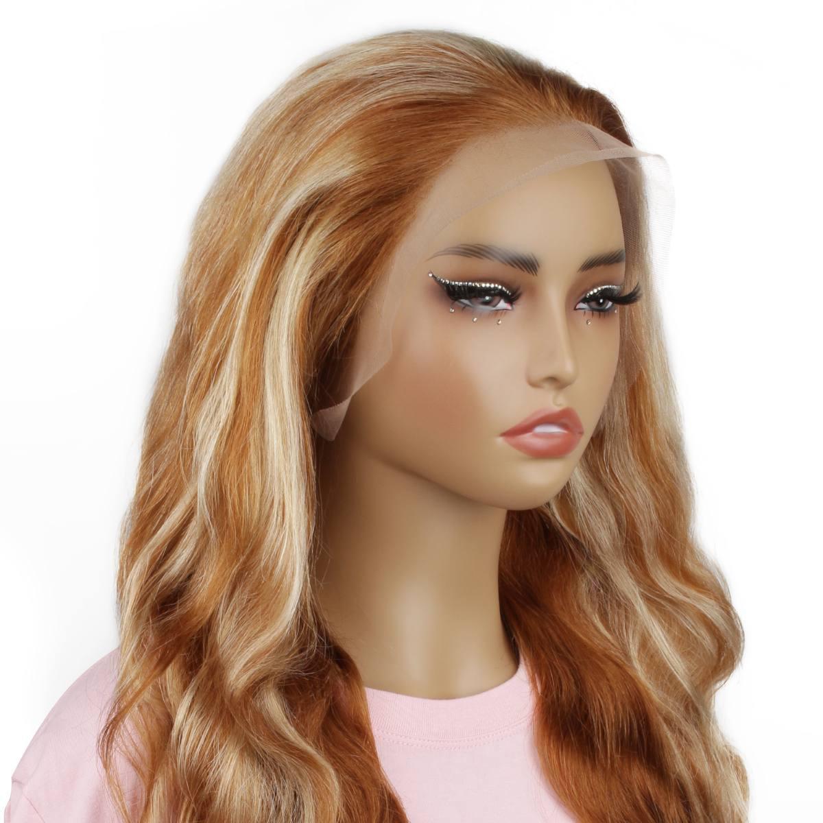 front side of Copper Blonde Highlight Straight 13x4 Transparent Lace Front Wig