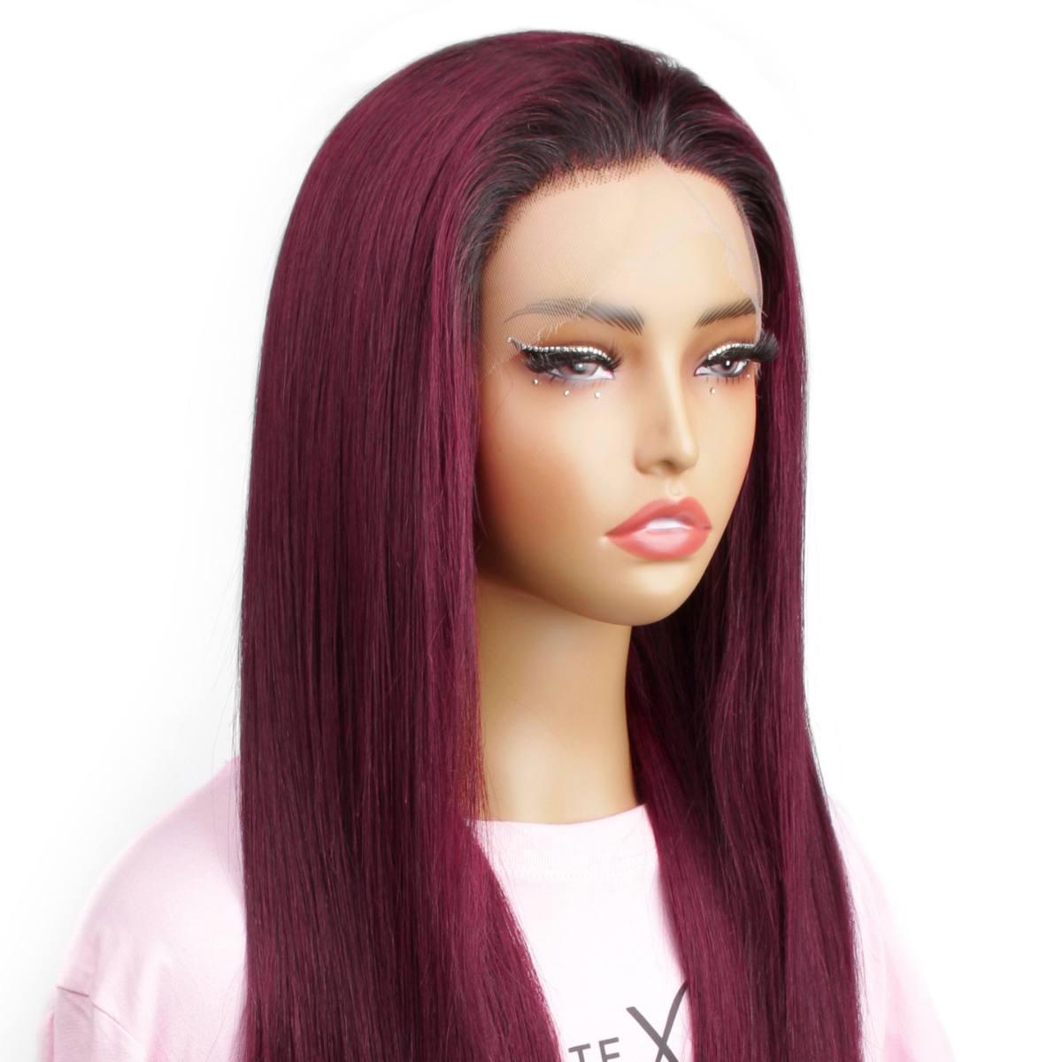 front side of ombre burgundy straight 13x6 hd lacefront