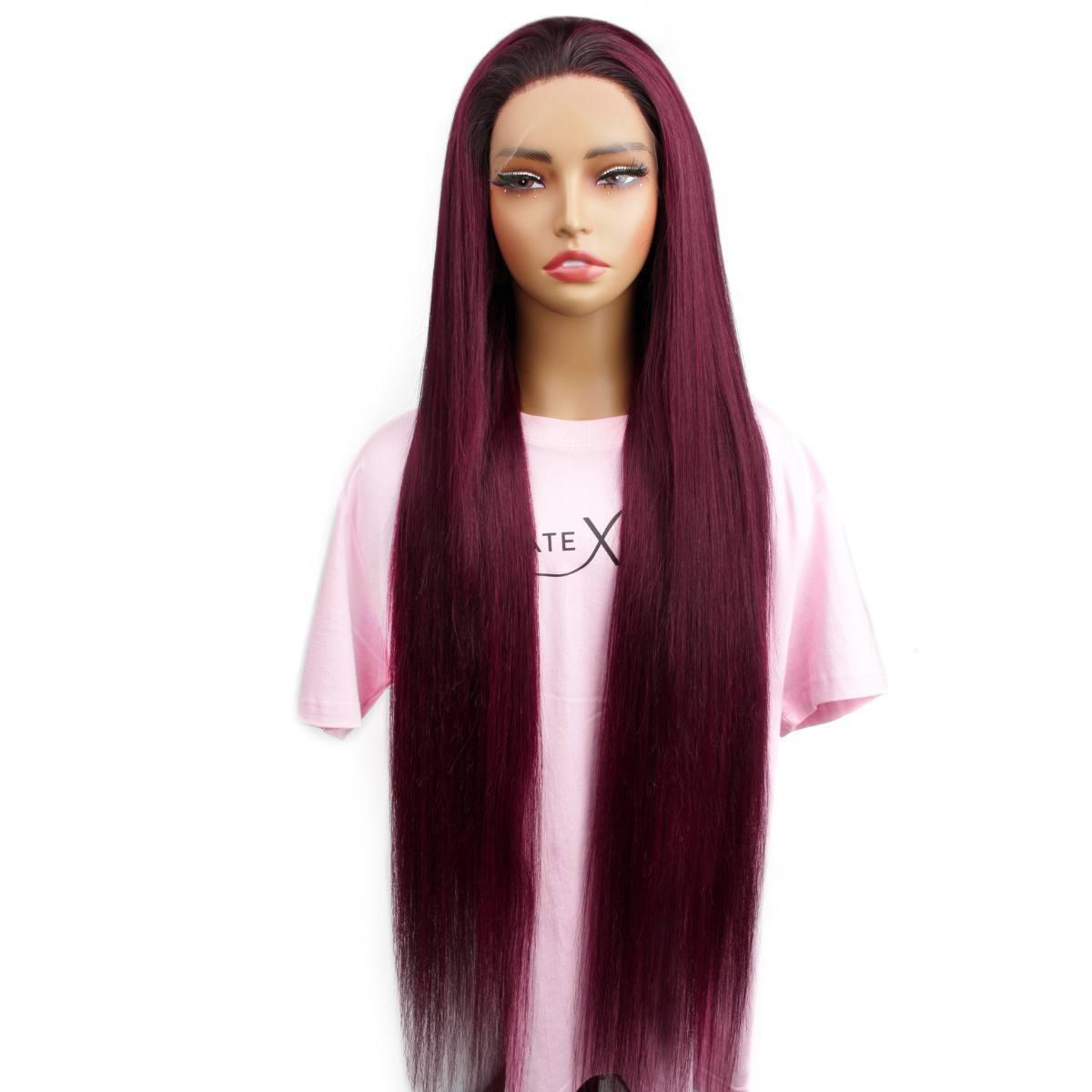 front view of ombre burgundy straight 13x6 hd lacefront