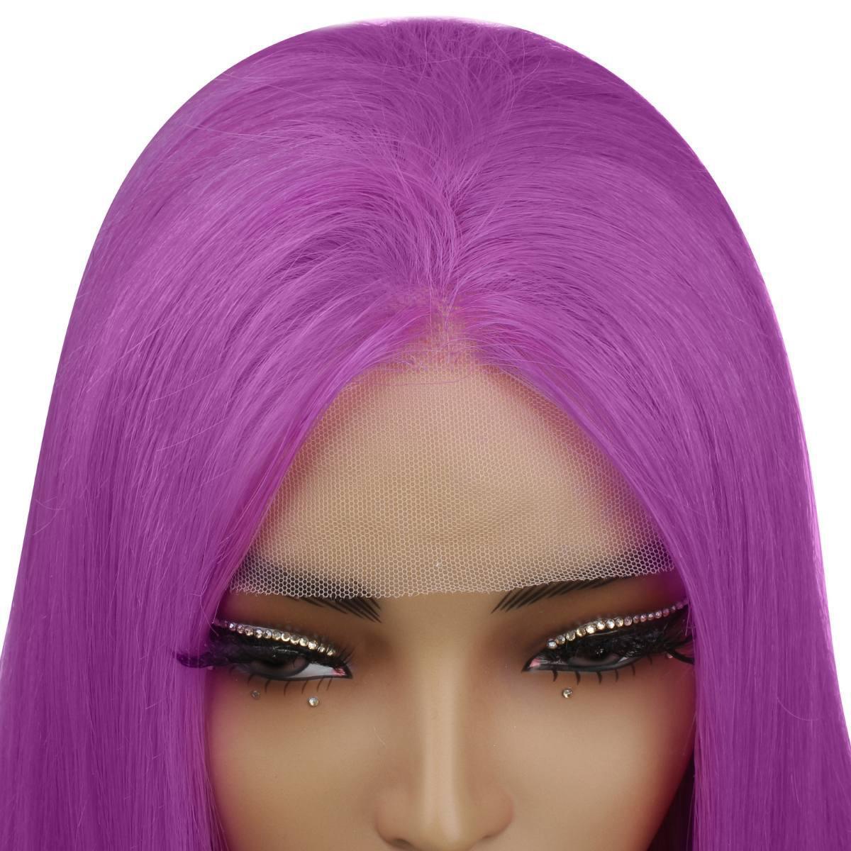 close up of of purple straight lace front wig