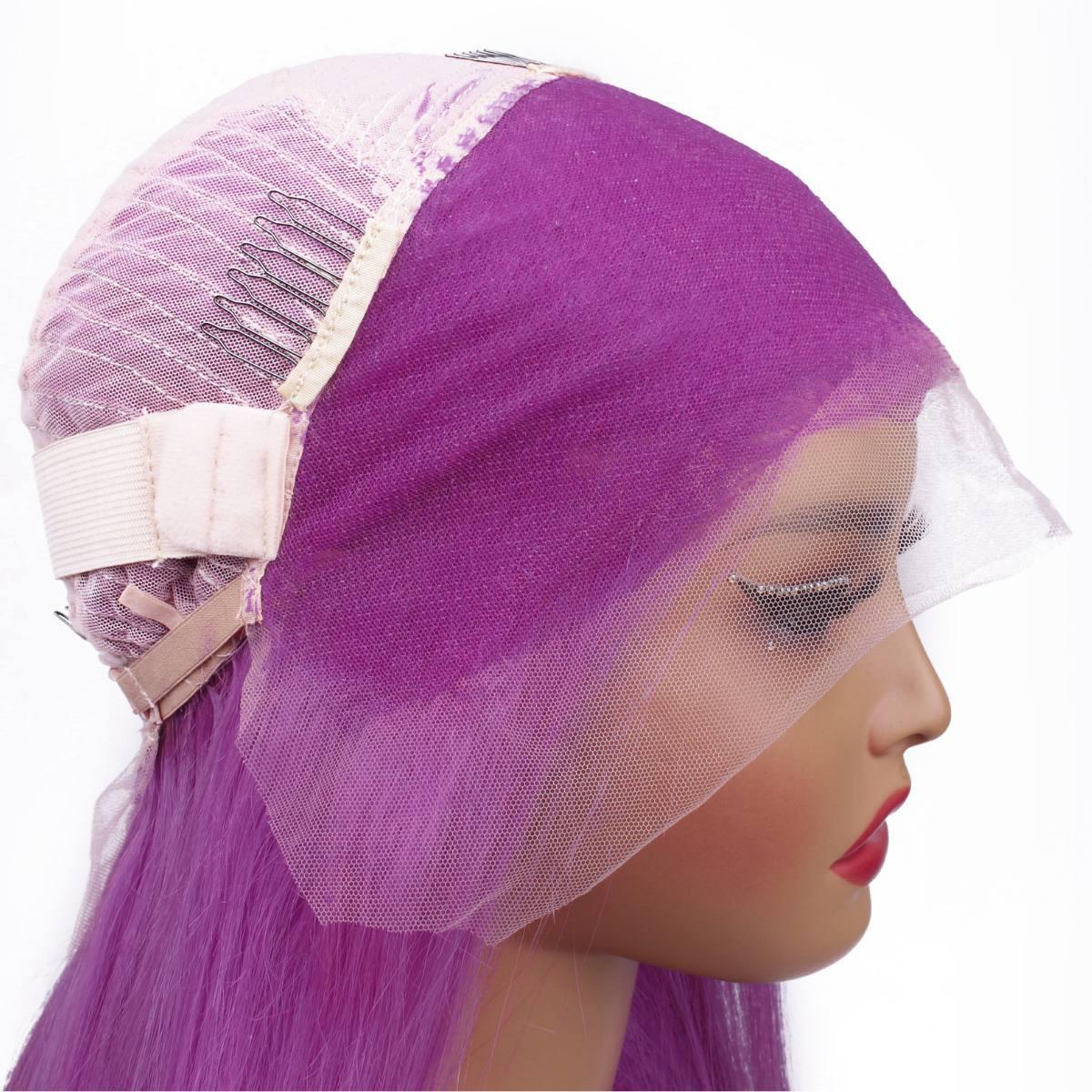 side of cap of purple straight lace front wig