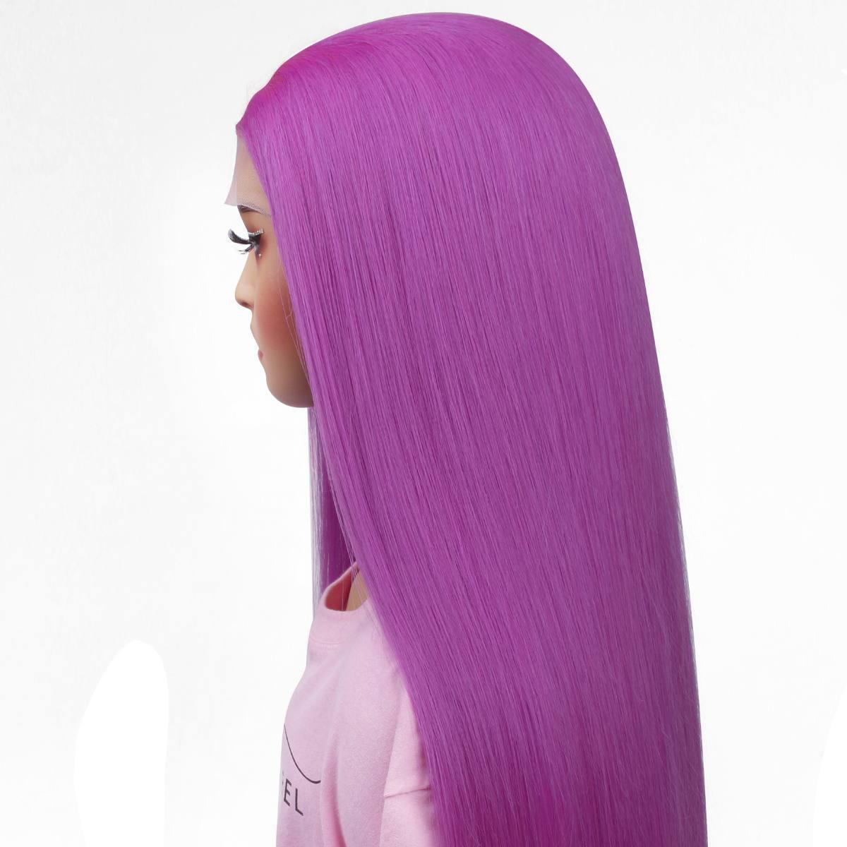 side view of purple straight lace front wig