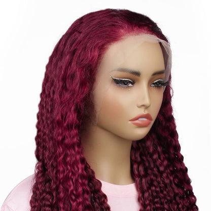 front side of Burgundy Curly 13x4 Transparent Lace Front Wig