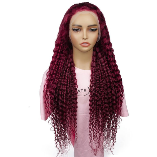 front view of Burgundy Curly 13x4 Transparent Lace Front Wig