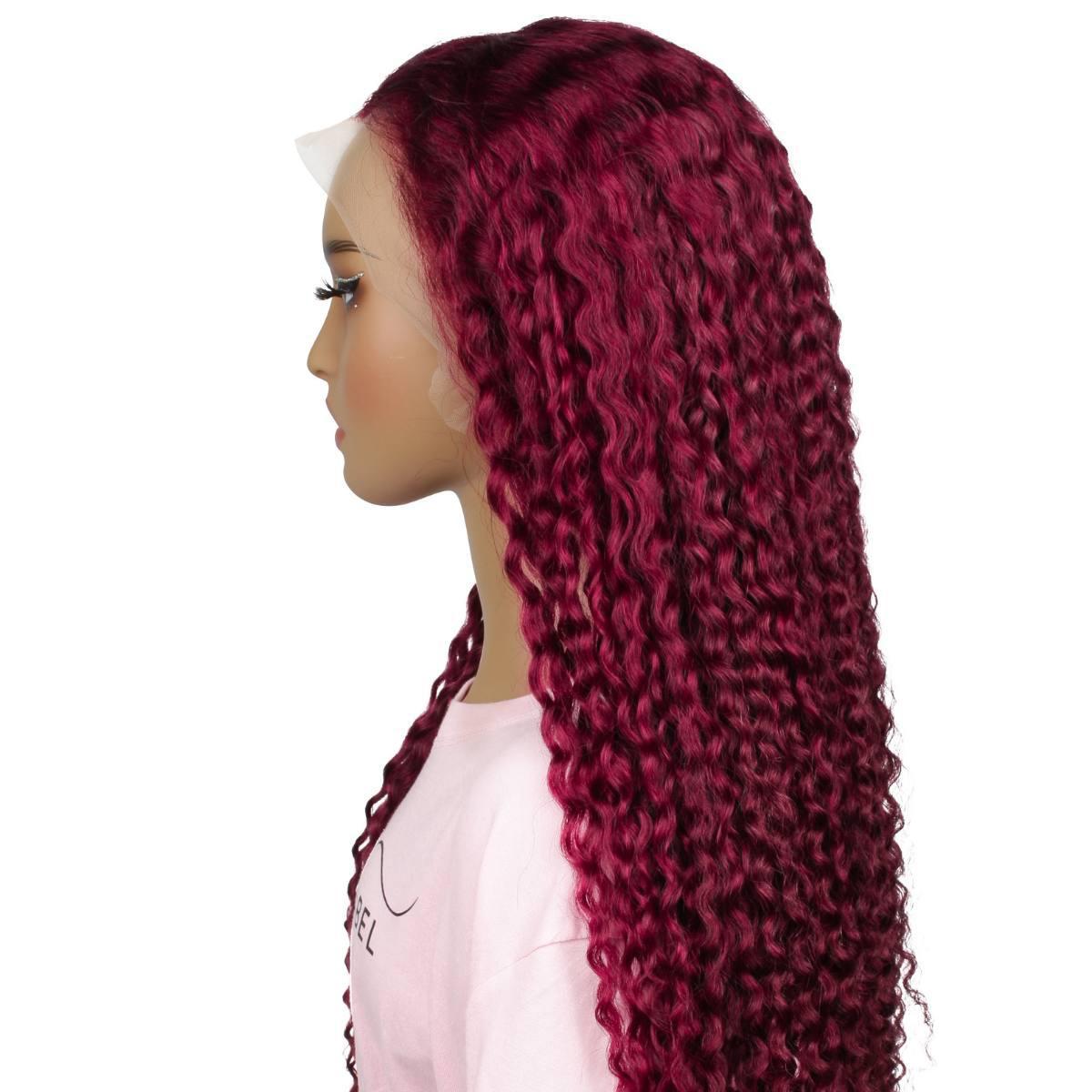 back side of Burgundy Curly 13x4 Transparent Lace Front Wig