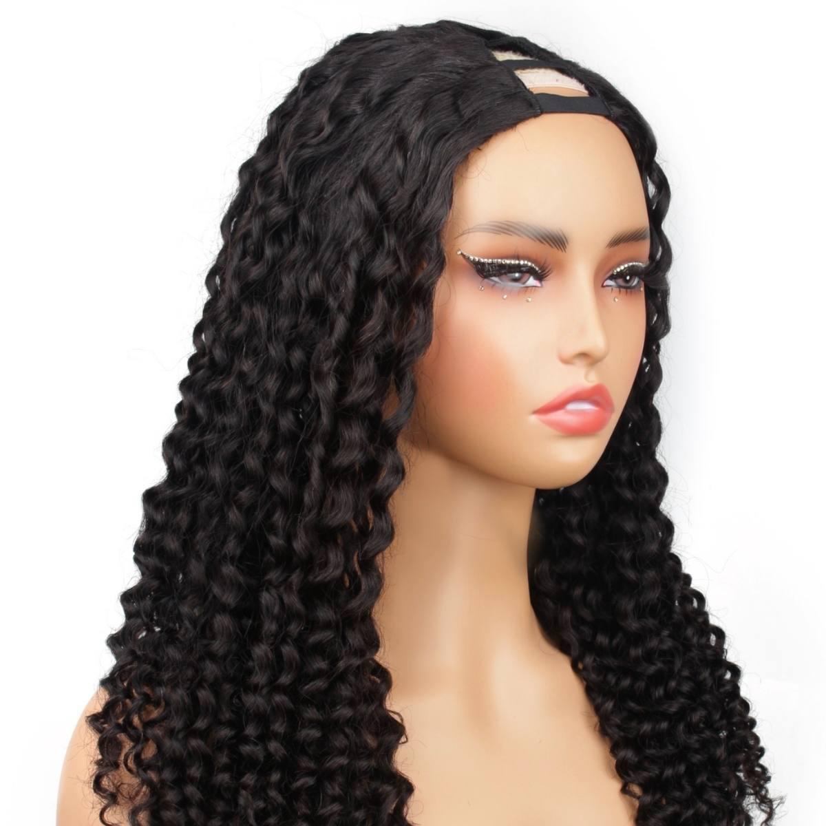 side view of deep curl v part wig