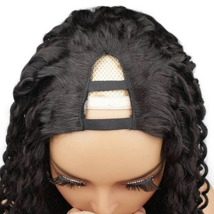 Top view of deep curl v part wig