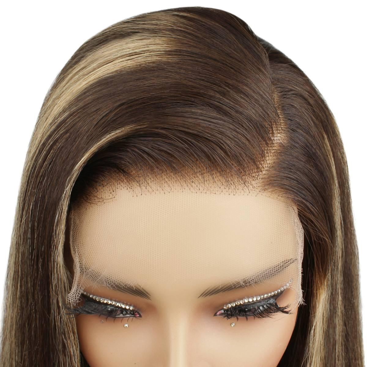 front hairline view of Dark Highlight Straight 5x5 HD Closure Wig