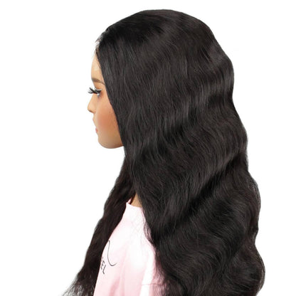 front side view of jet black body wave 5x5 hd closure wig