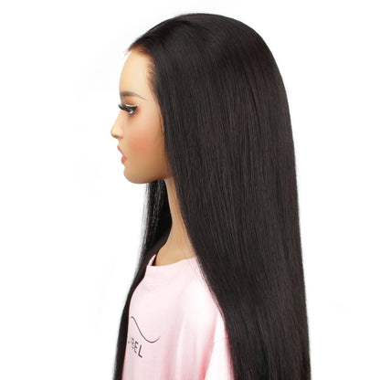 side view of jet black straight hd lace front wig