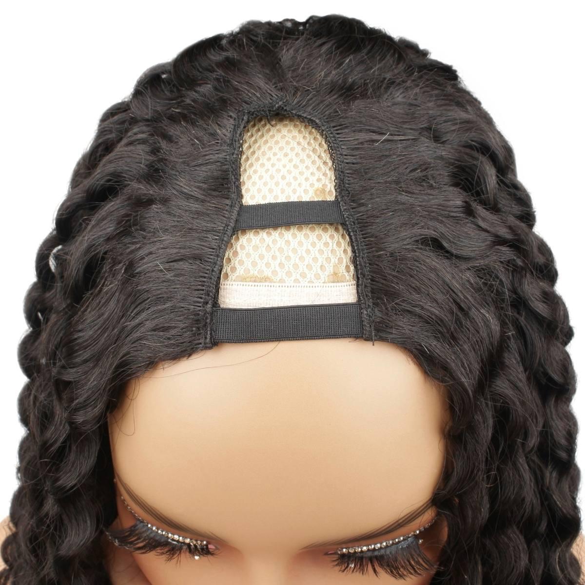 top view of tight curl v part wig